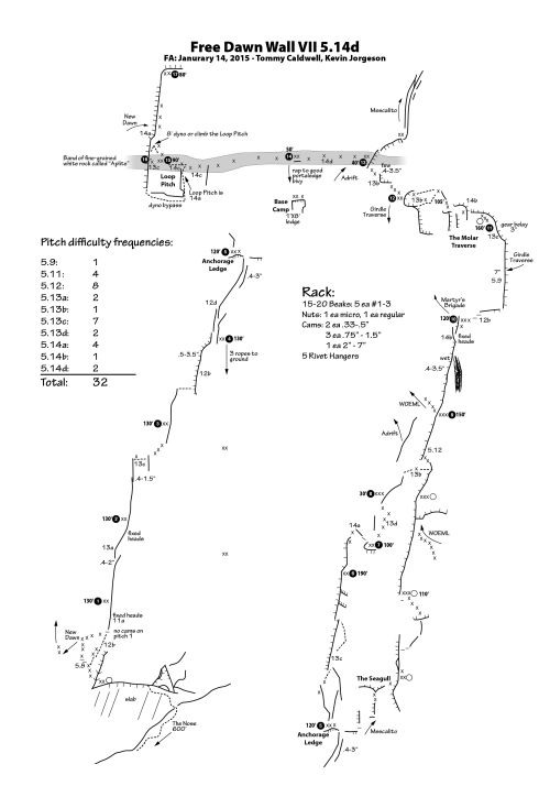 Free Dawn Wall Topo by Erik Sloan, Rockclimbyosemite.com, grades are updated according to Adam Ondra - 1. part